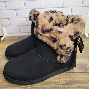 Juicy Couture King Black Boots with Leopard Faux Fur Size 8